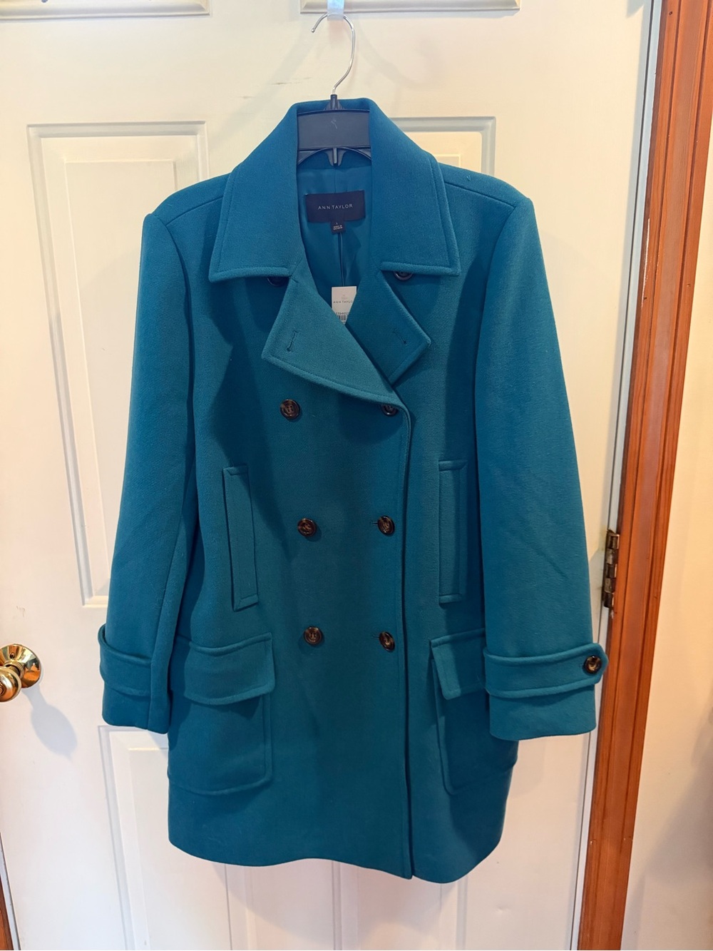 Ann Taylor Double-Breasted Peacoat in Teal Blue